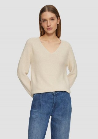 s.Oliver Gerippter Strickpullover aus Baumwollmix mit V-Ausschnitt - beige