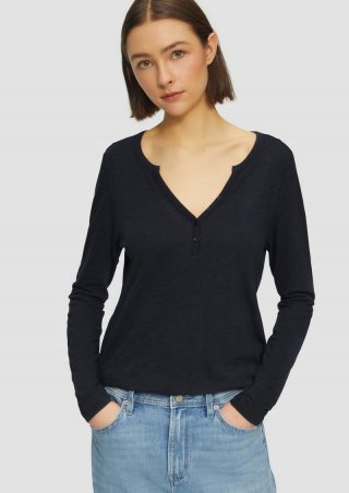 s.Oliver Langarmshirt mit Henley-Ausschnitt und Flammgarnstruktur - navy