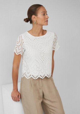 s.Oliver Verkürzte Baumwollbluse aus Lochstickerei - creme