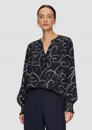 s.Oliver Viskosebluse mit All-over-Print und Smok-Detail am Ärmel - navy