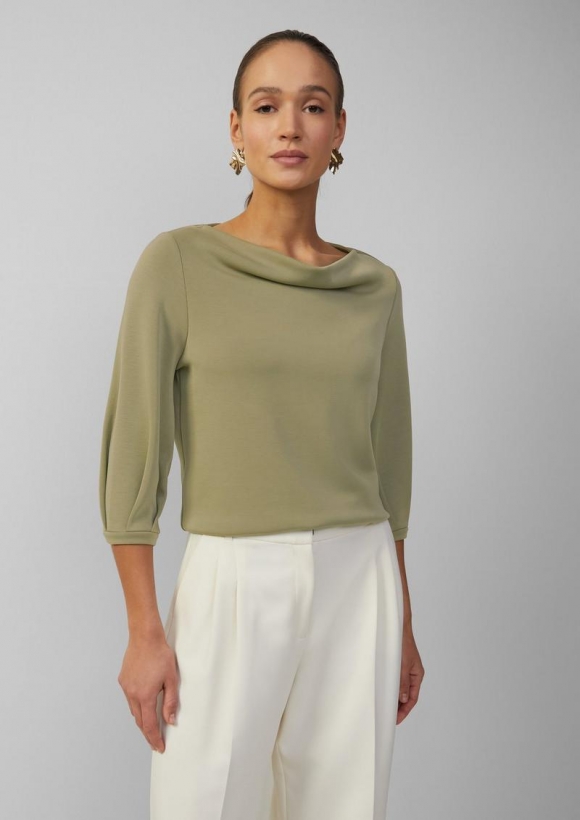 s.Oliver Loose-Fit-Shirt aus Interlockjersey mit Wasserfall-Ausschnitt - olivgrün