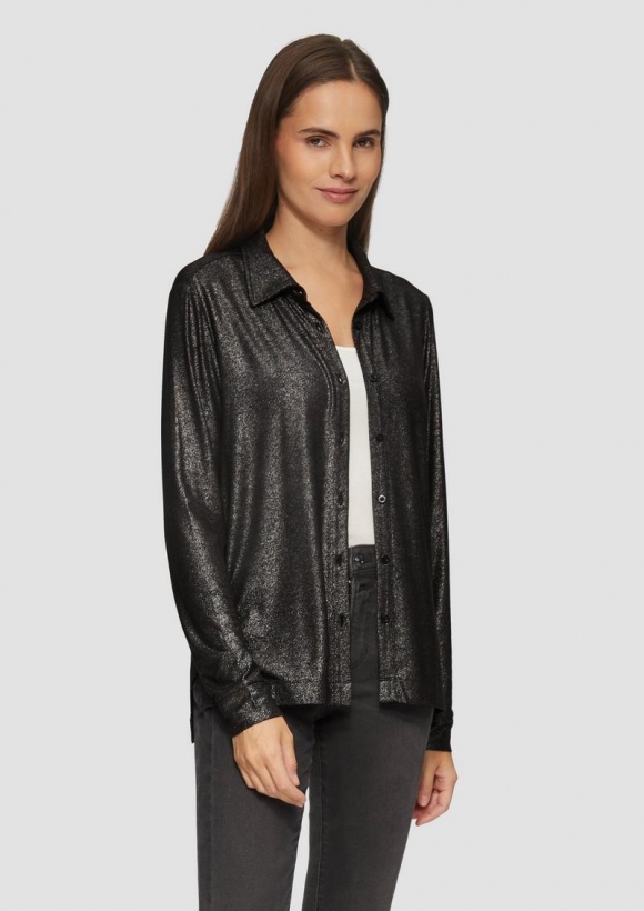 s.Oliver Hemdbluse mit Knopfleiste und Metallic-Effekt - schwarz