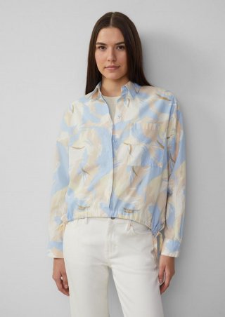 s.Oliver Gemusterte Hemdbluse mit Tunnelzug am Saum - beige