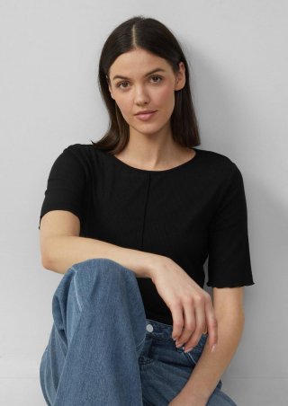 s.Oliver Geripptes Slim-Fit-Shirt mit Nahtdetail - schwarz