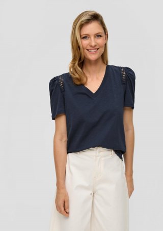 s.Oliver Baumwoll-Shirt mit Spitzenbesatz an der Schulterpartie - navy