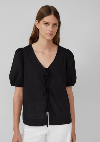 s.Oliver Baumwollbluse mit V-Ausschnitt und Puffärmeln - schwarz