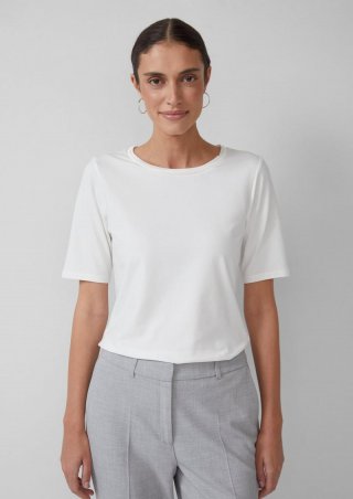 s.Oliver T-Shirt aus Baumwollmix mit Satindetail am Ausschnitt - ecru