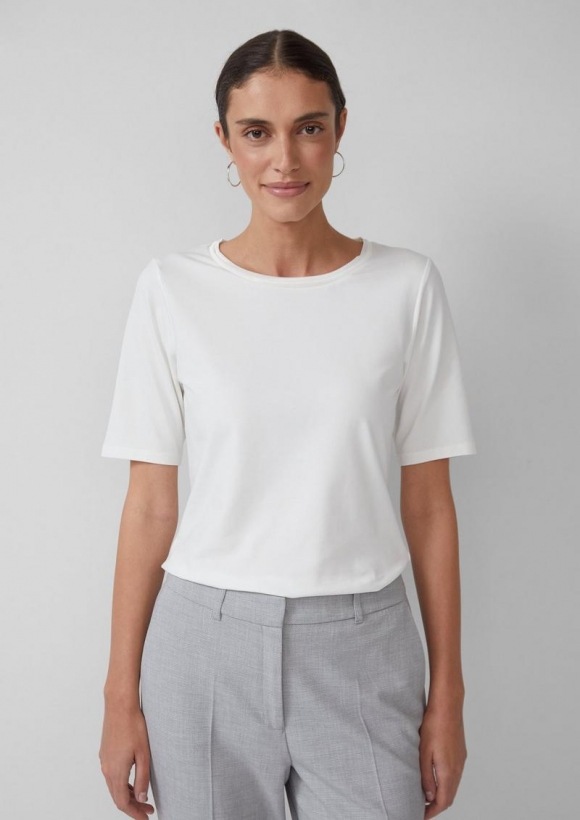 s.Oliver T-Shirt aus Baumwollmix mit Satindetail am Ausschnitt - ecru