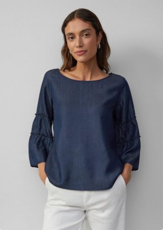 s.Oliver Relaxed-Fit-Bluse in Denim-Optik mit Volantärmeln - blau