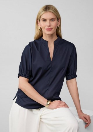 s.Oliver Popeline-Bluse mit überschnittener Schulter und Tunika-Ausschnitt - navy