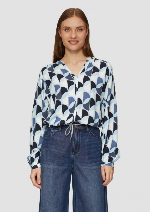 s.Oliver Viskose-Bluse mit Raffdetails und All-over-Print - navy