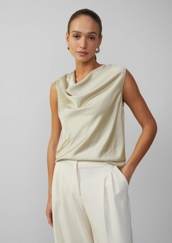 s.Oliver Ärmellose Satinbluse mit Wasserfall-Ausschnitt - beige
