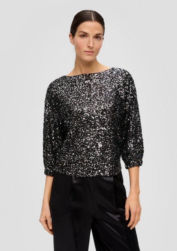 s.Oliver Mesh-Bluse mit Pailletten-Besatz - schwarz
