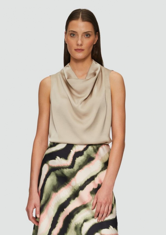 s.Oliver Blusentop aus strukturiertem Satin mit Wasserfallkragen - beige