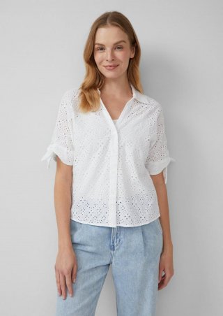 s.Oliver Lockere Bluse mit Lochstickerei und Knotendetail - weiß