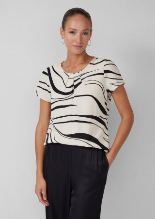 s.Oliver Kurzarm-Crêpebluse mit Raffung und All-over-Print - helles beige