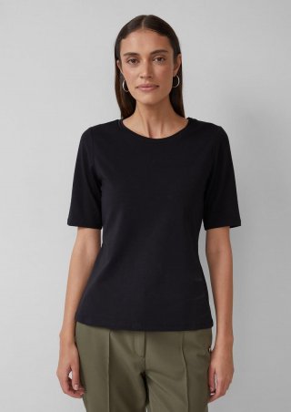 s.Oliver T-Shirt aus Baumwollmix mit Satindetail am Ausschnitt - schwarz