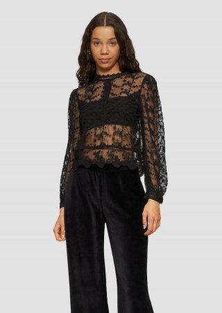 s.Oliver Transparente Spitzen-Bluse mit Stehkragen - schwarz