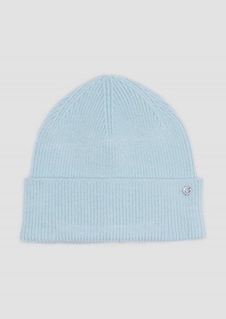 s.Oliver Gestrickte Beanie mit Umschlag und Logo-Detail - hellblau