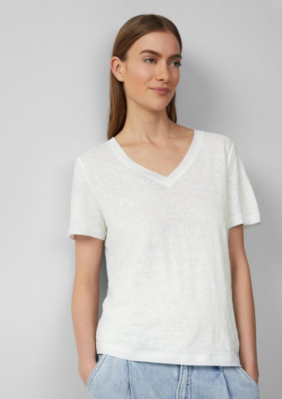 s.Oliver T-Shirt aus Leinen mit V-Ausschnitt - weiß