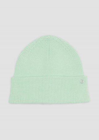 s.Oliver Gestrickte Beanie mit Umschlag und Logo-Detail - hellgrün