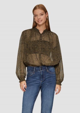 s.Oliver Leicht transparente Chiffonbluse mit Puffärmeln - tannengrün