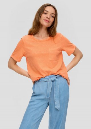 s.Oliver Meliertes T-Shirt mit fixiertem Ärmel-Umschlag und Brusttasche - orange