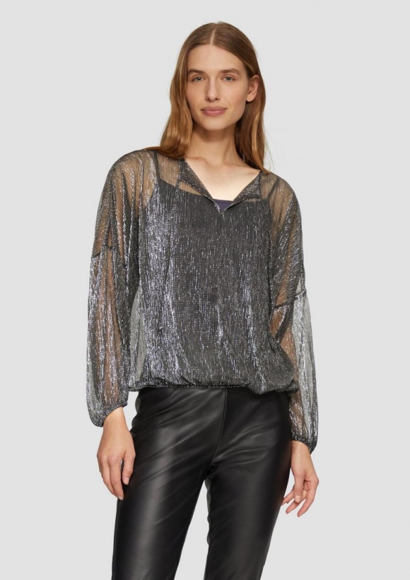 s.Oliver Transparente Meshbluse mit Glitzergarn und überschnittenen Schultern - schwarz
