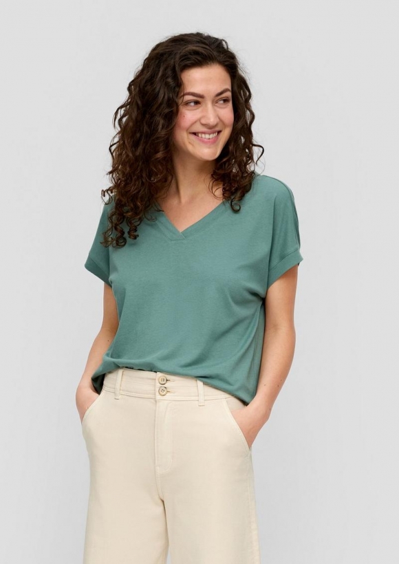 s.Oliver Relaxed-Fit-Shirt mit V-Ausschnitt und gekreuztem Riemen-Detail am Rücken - petrol