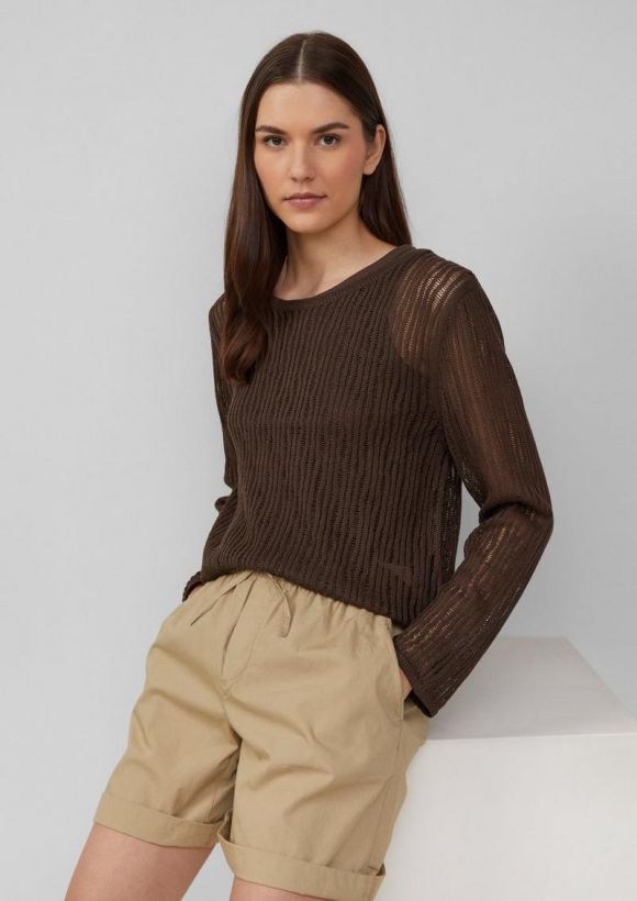 s.Oliver Luftiger Strickpullover aus Leinenmix mit Ajourmuster - mokka