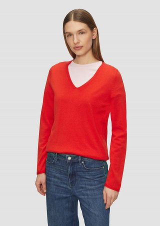 s.Oliver Feinstrickpullover mit V-Ausschnitt und Rollkante am Saum - rot