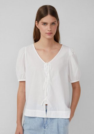 s.Oliver Baumwollbluse mit V-Ausschnitt und Puffärmeln - weiß