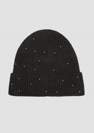 s.Oliver Gestrickte Beanie mit Schmuckperlen - schwarz