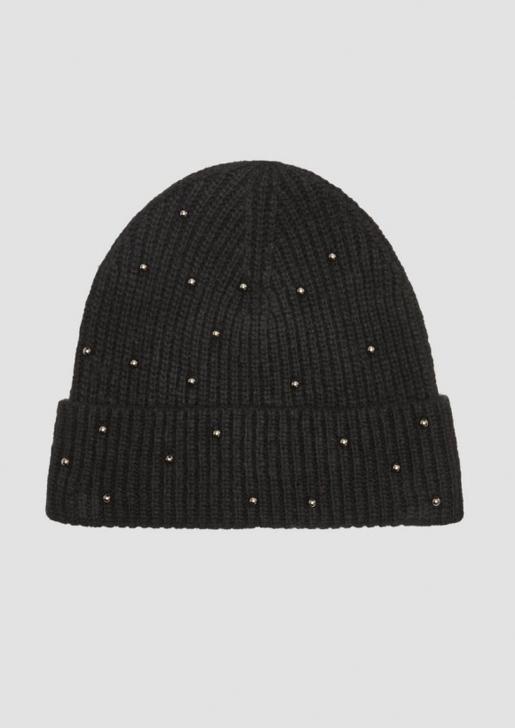 s.Oliver Gestrickte Beanie mit Schmuckperlen - schwarz