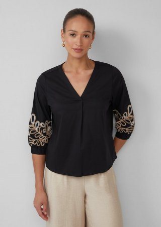 s.Oliver Popeline-Bluse mit Stickerei und 3/4-Ärmeln - schwarz