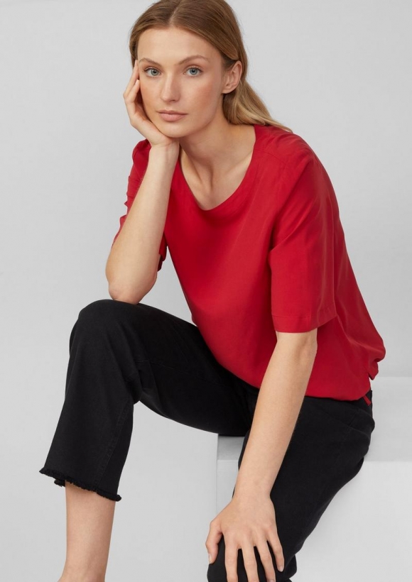 s.Oliver Gemusterte Shirt-Bluse mit verstellbarem Saum - mohnrot