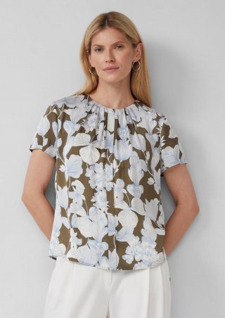 s.Oliver Satinbluse im Slim Fit mit Raffung und All-over-Print - olivgrün