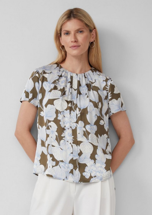 s.Oliver Satinbluse im Slim Fit mit Raffung und All-over-Print - olivgrün
