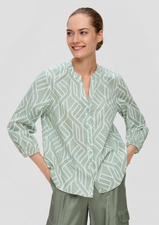 s.Oliver Baumwollbluse mit All-over-Print und Raffung - salbeigrün