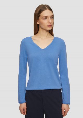 s.Oliver Feinstrickpullover mit V-Ausschnitt und Rollkante am Saum - royalblau