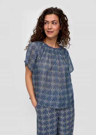 s.Oliver Gemusterte Bluse im Relaxed Fit mit Smok-Detail - tiefblau