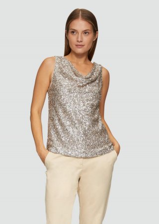 s.Oliver Mesh-Top mit Pailletten und Wasserfall-Ausschnitt - sandstein