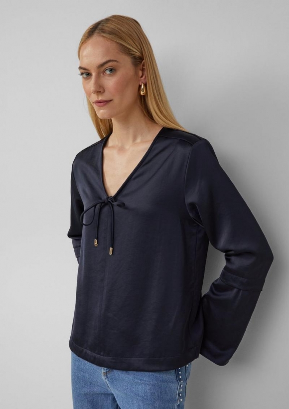 s.Oliver Satinbluse mit Volantärmeln und Bindedetail - navy