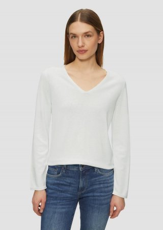 s.Oliver Feinstrickpullover mit V-Ausschnitt und Rollkante am Saum - creme