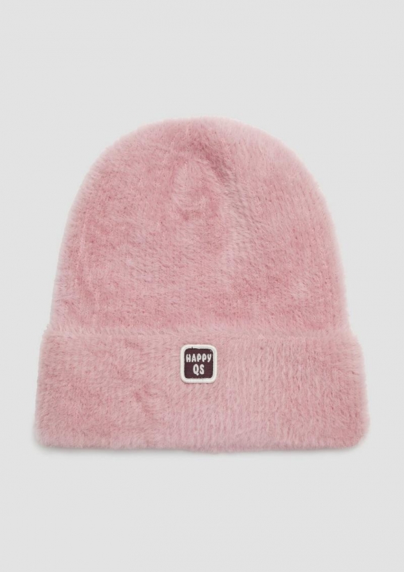 s.Oliver Flauschige Mütze mit Umschlag und Logopatch - rosa