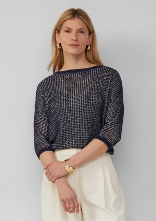 s.Oliver Lockerer Strickpullover in Bicolor-Optik mit U-Boot-Ausschnitt - navy