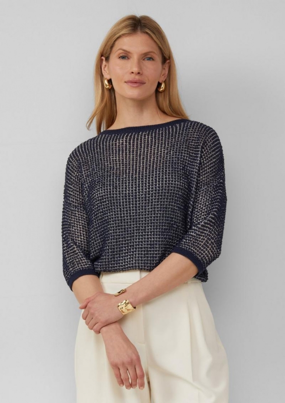 s.Oliver Lockerer Strickpullover in Bicolor-Optik mit U-Boot-Ausschnitt - navy