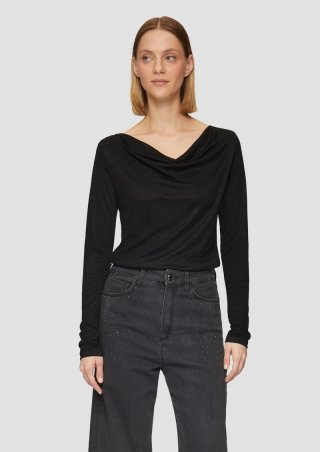 s.Oliver Seitlich geschlitztes Jersey-Shirt mit Wasserfall-Ausschnitt - schwarz