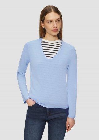 s.Oliver Feinstrickpullover mit V-Ausschnitt und Rollkante am Saum - hellblau