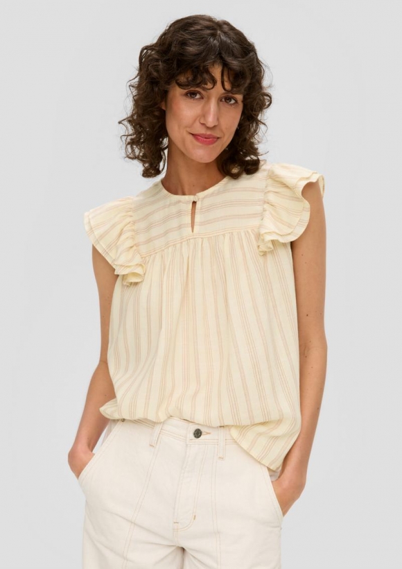 s.Oliver Gemusterte Bluse im Relaxed Fit mit Rüschen-Details - helles beige